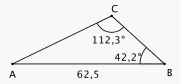 Trekant ABC. Vinkel B er 42,2 grader og vinkel C er 112,3 grader. AB er 62,5